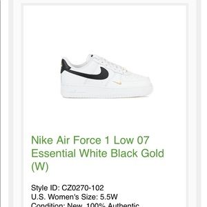 Nike Air Force 1 Low '07 Essential White Black Gold Mini Swoosh 5.5W